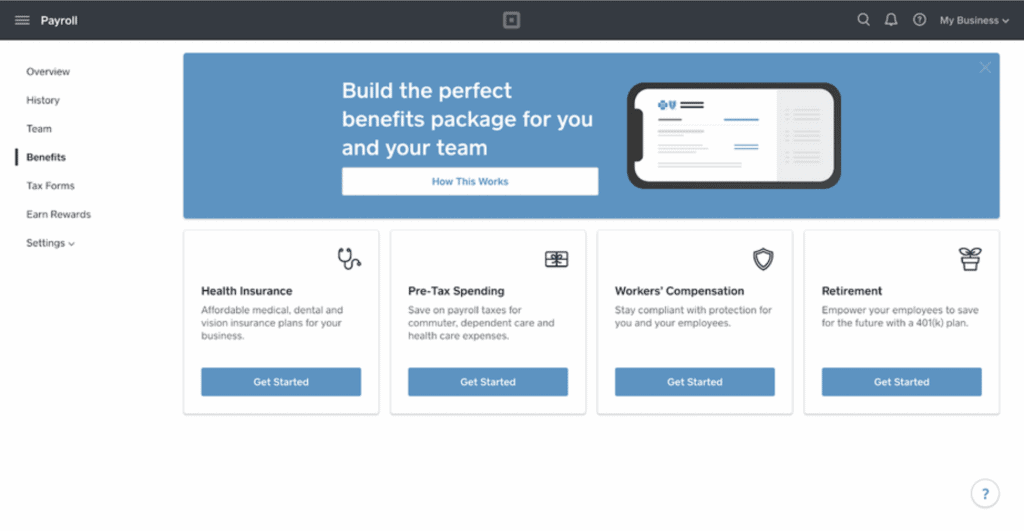 screenshot of Square Payroll's benefits administration dashboard